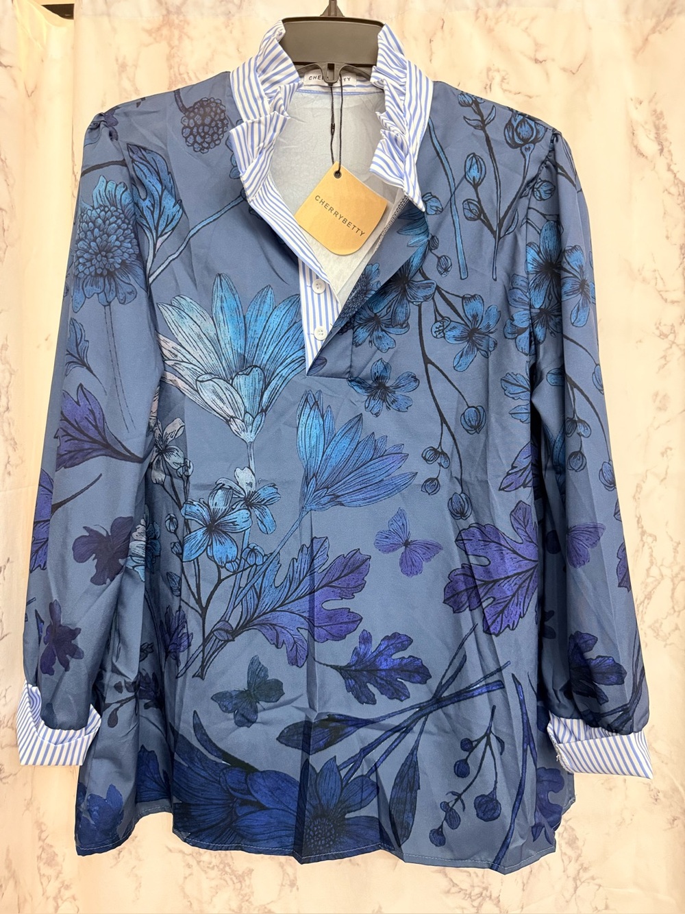 Chambray Blue Floral Long-Sleeve Blouse with Contrast Stripe Collar & Cuff